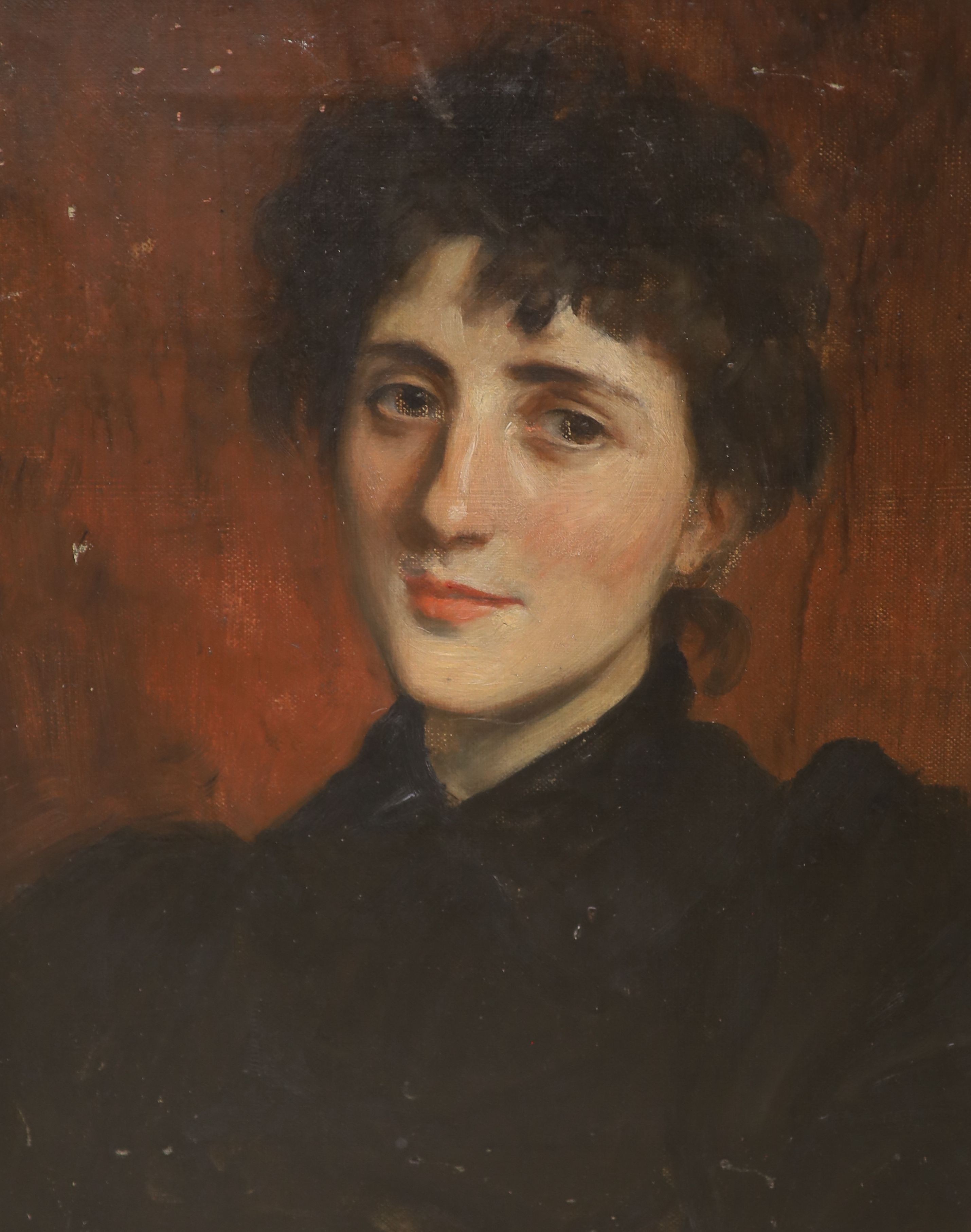 English School c.1910, oil on canvas, Portrait of a young woman, 47 x 37cm and Victorian School, pencil heightened with chalk, Portrait of a lady, 36 x 31cm